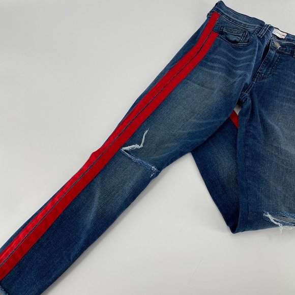 Etienne Marcel Tammy Side Stripe Skinny Double Red Ribbon High Low Raw Hem Jeans - Picture 9 of 16